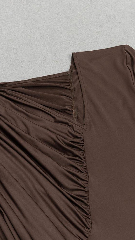 V-NECK BROWN MAXI BODYCON DRESS