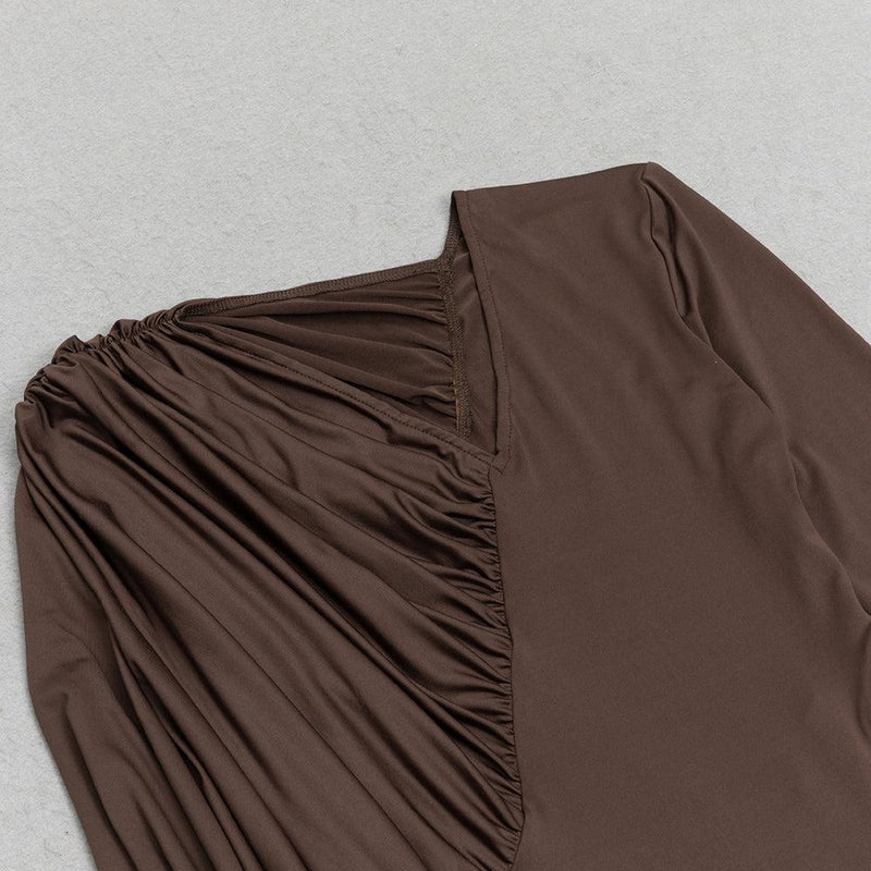 V-NECK BROWN MAXI BODYCON DRESS