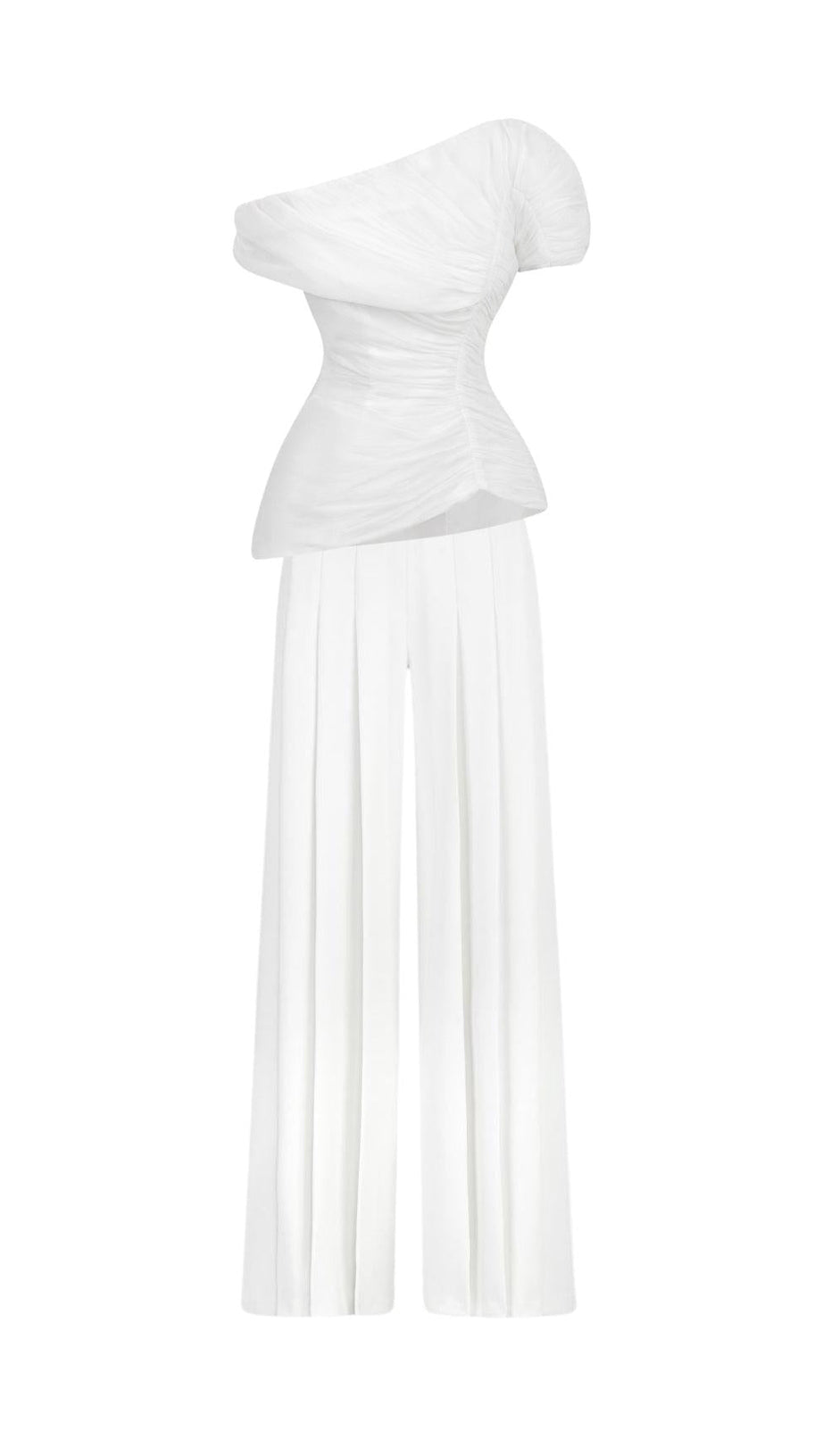 WHITE FEATHER PLEATED TWO PIECES SUIT