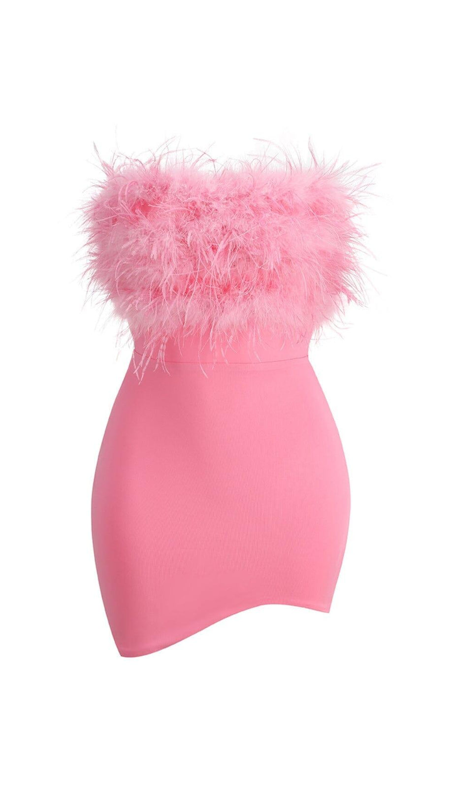 MINI ABITO ADERENTE CON PIUME SENZA SPALLINE ROSA