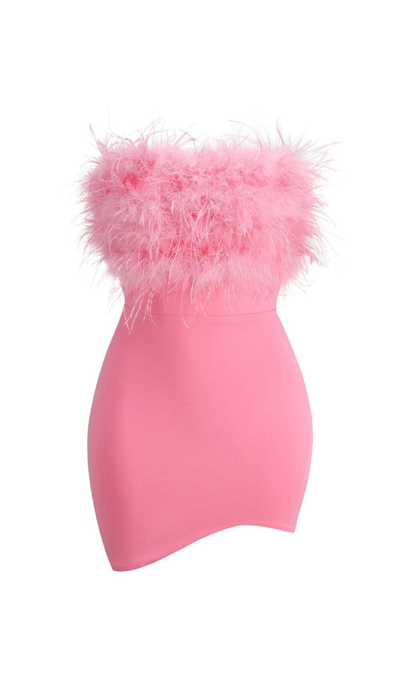 PINK STRAPLESS FEATHER BODYCON MINI DRESS