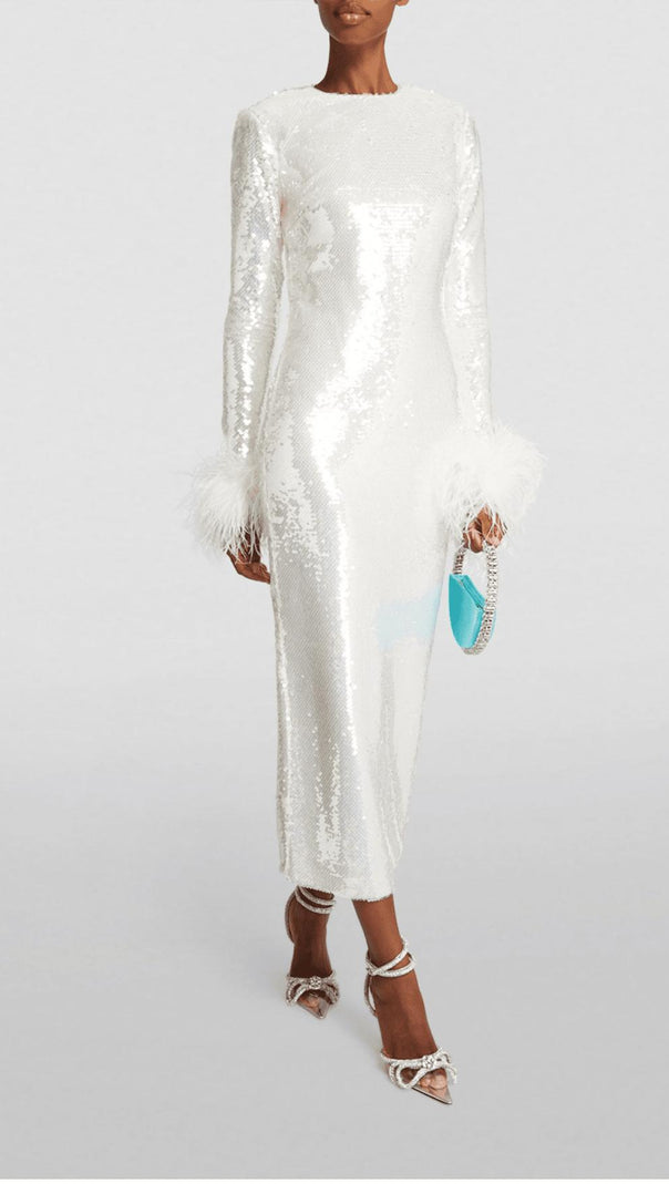 AIIZIE WHITE LONG SLEEVE FEATHER SEQUINNED MIDI DRESS - product image
