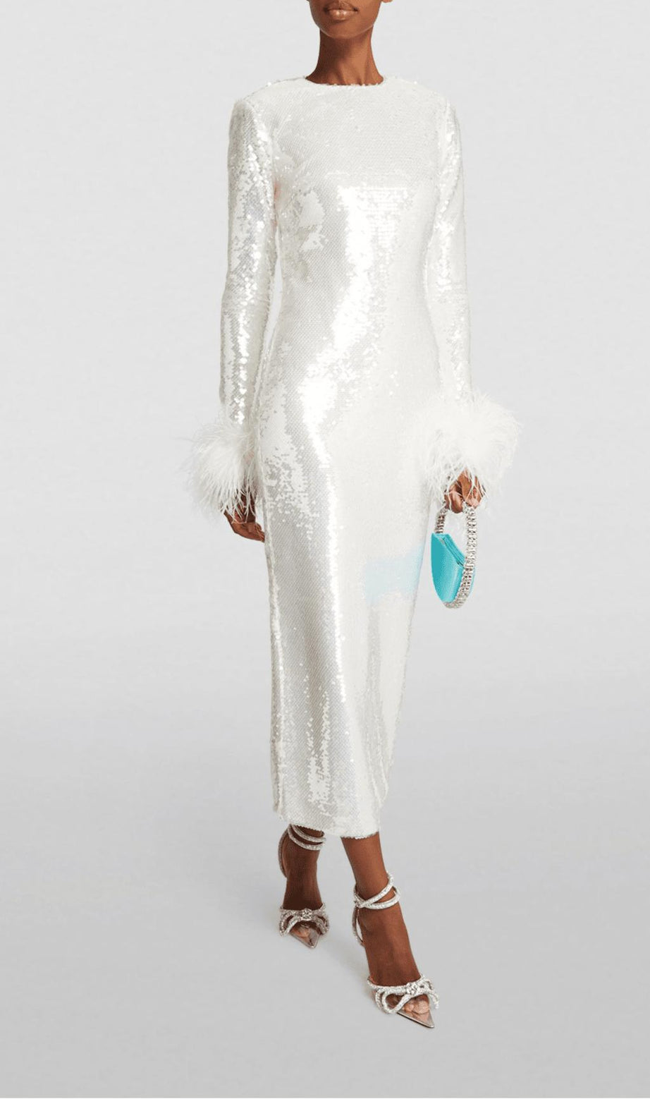 WHITE LONG SLEEVE FEATHER SEQUINNED MIDI DRESS