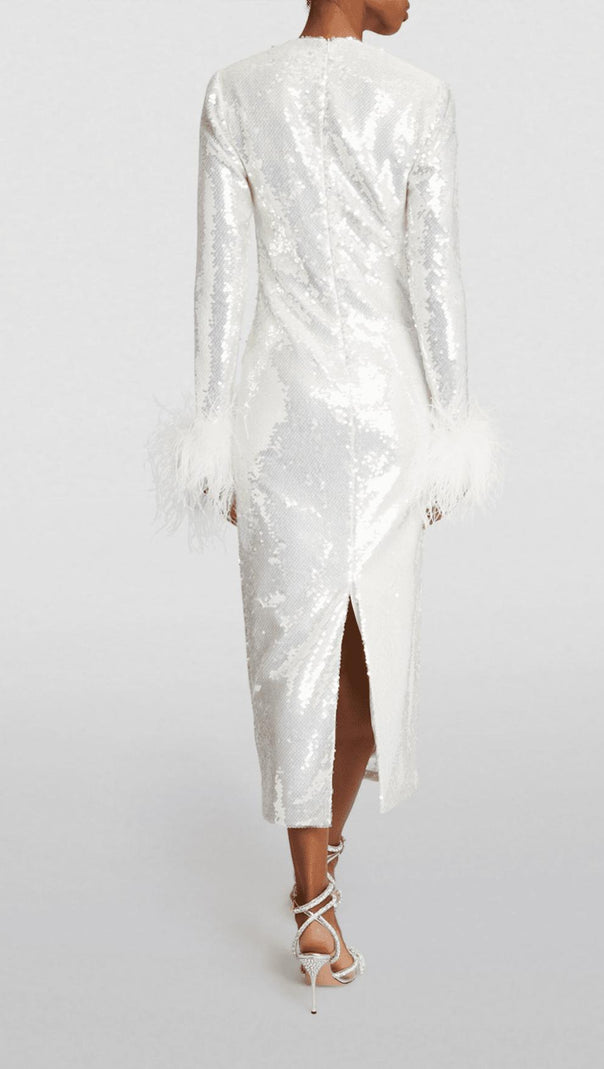 AIIZIE WHITE LONG SLEEVE FEATHER SEQUINNED MIDI DRESS - product image