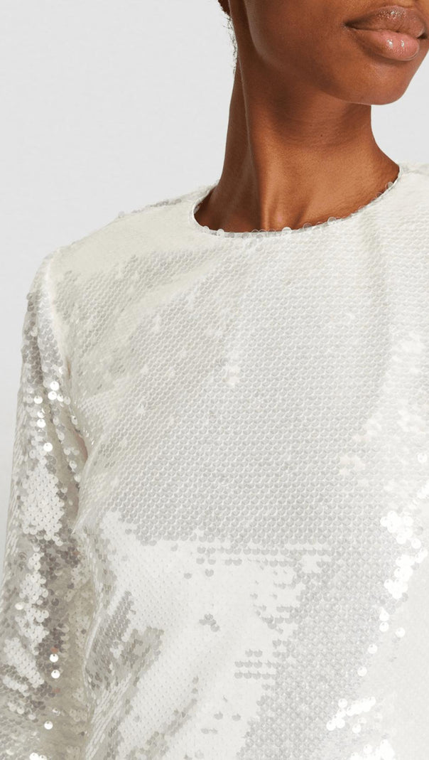AIIZIE WHITE LONG SLEEVE FEATHER SEQUINNED MIDI DRESS - product image