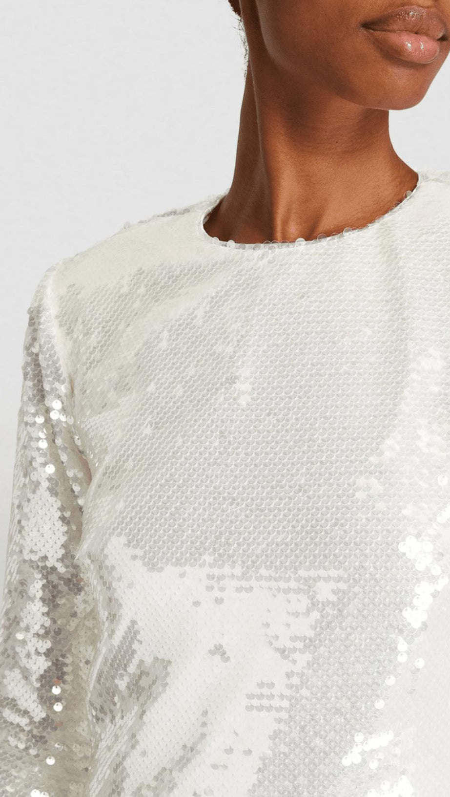 WHITE LONG SLEEVE FEATHER SEQUINNED MIDI DRESS