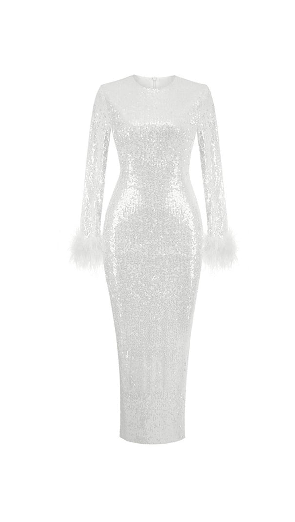 AIIZIE WHITE LONG SLEEVE FEATHER SEQUINNED MIDI DRESS - product image