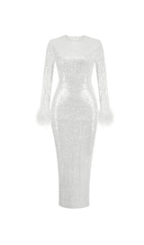 WHITE LONG SLEEVE FEATHER SEQUINNED MIDI DRESS