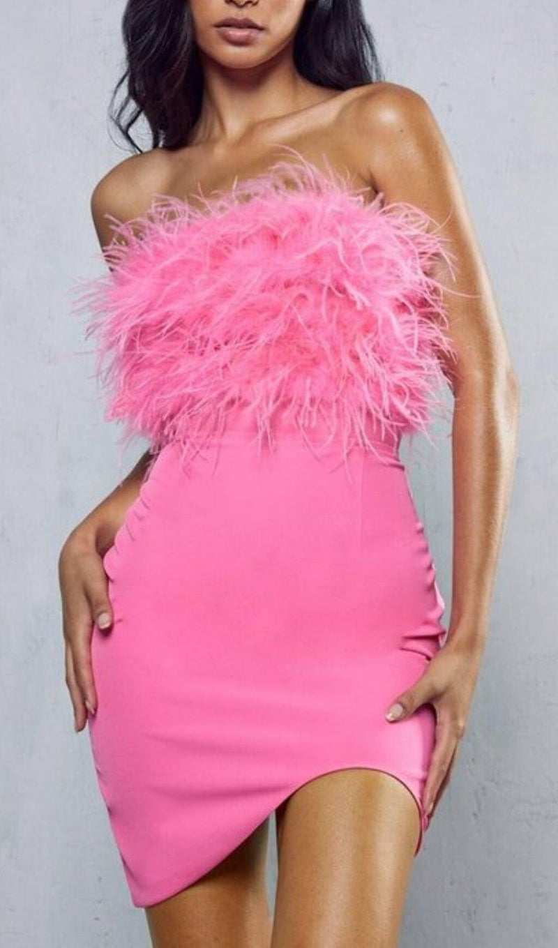 PINK STRAPLESS FEATHER BODYCON MINI DRESS