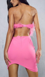 PINK STRAPLESS FEATHER BODYCON MINI DRESS