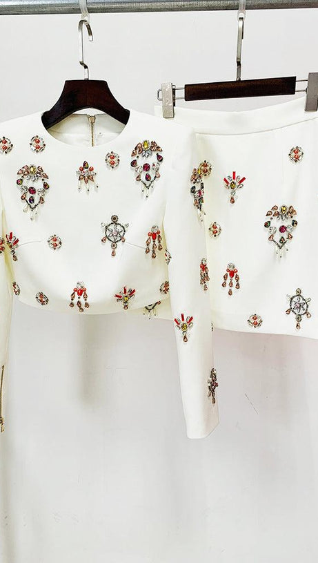 WHITE RHINESTONE EMBELLISHED SKIRT SET