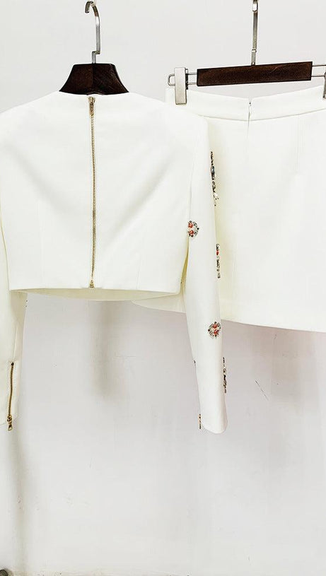 WHITE RHINESTONE EMBELLISHED SKIRT SET