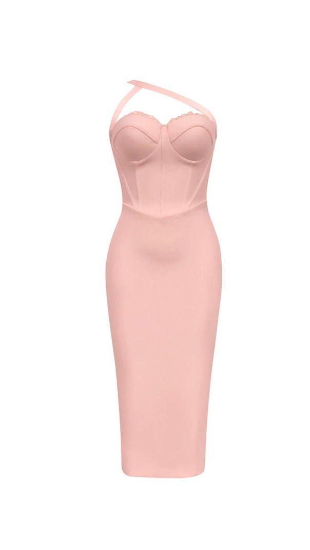 AIIZIE ONE SHOULDER LACE BUSTIER MIDI DRESS IN PINK - product image