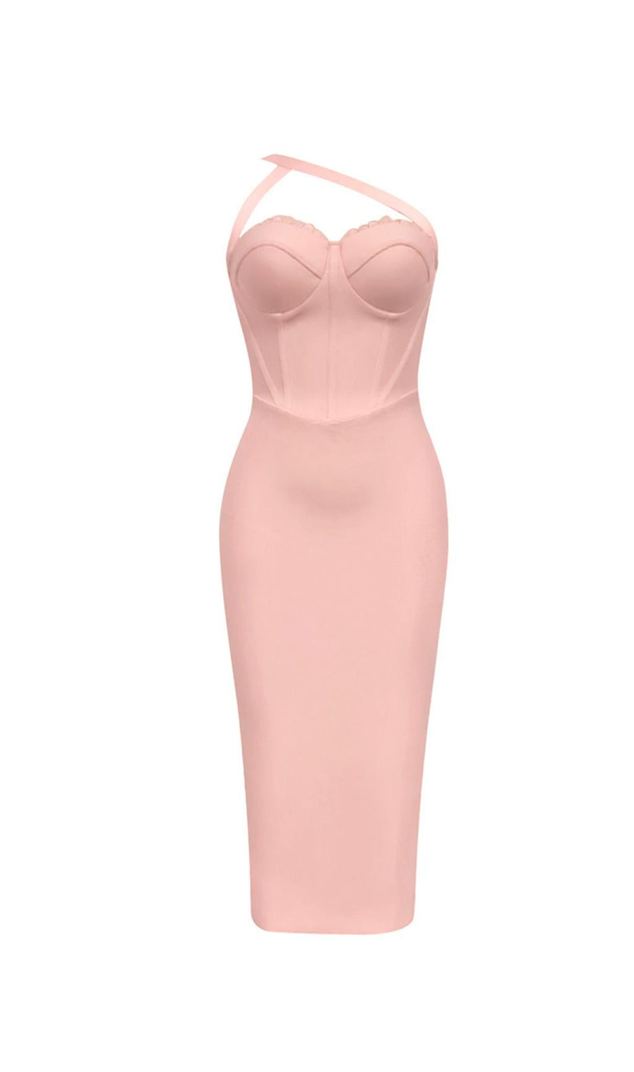 ONE-SHOULDER-MIDIKLEID AUS SPITZE MIT BUSTIER IN ROSA 