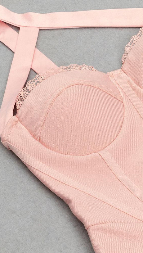 ABITO MIDI BUSTIER IN PIZZO CON MONOSPALLA ROSA 