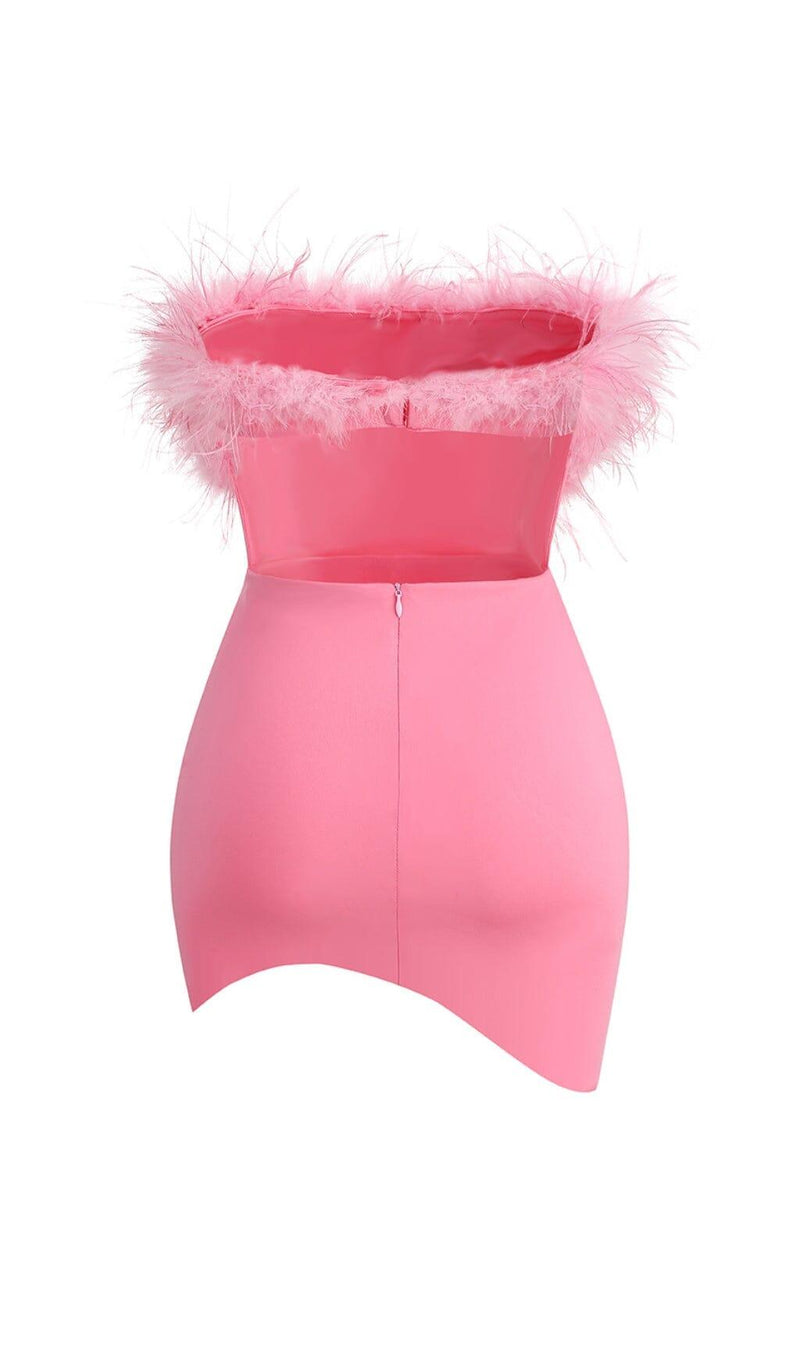 PINK STRAPLESS FEATHER BODYCON MINI DRESS