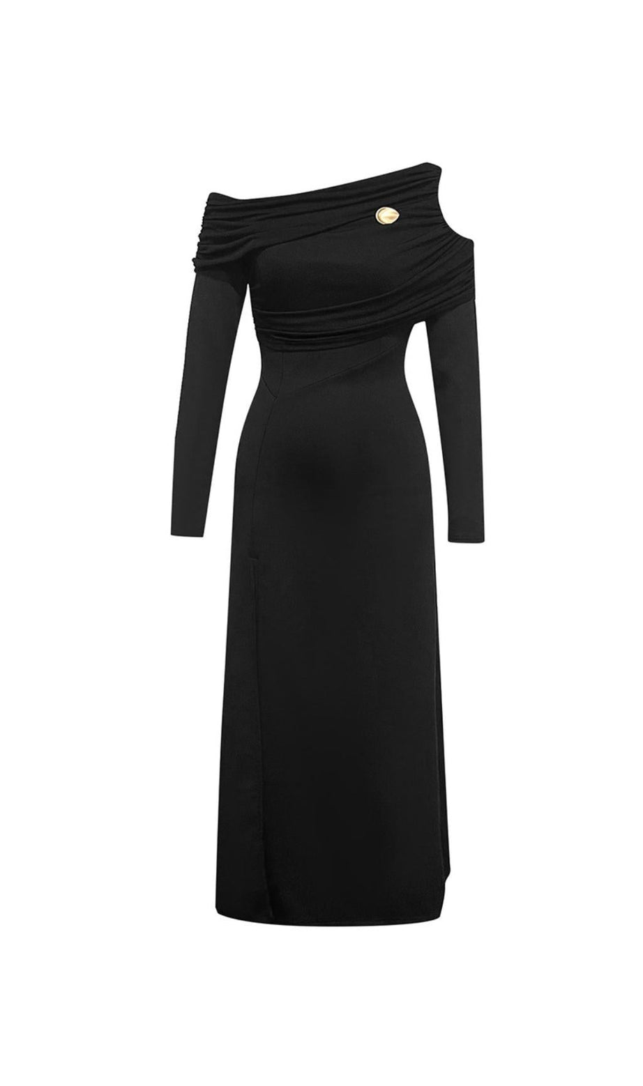 MIDIKLEID AUS SAMT MIT EINER SCHULTER UND HOHEM SCHLITZ 