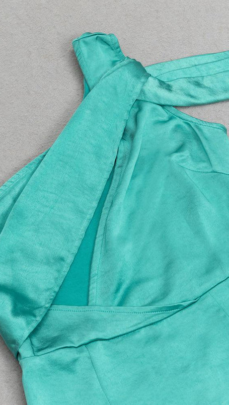 ABITO LUNGO MONOSPALLA IN RASO CON TAGLIO 