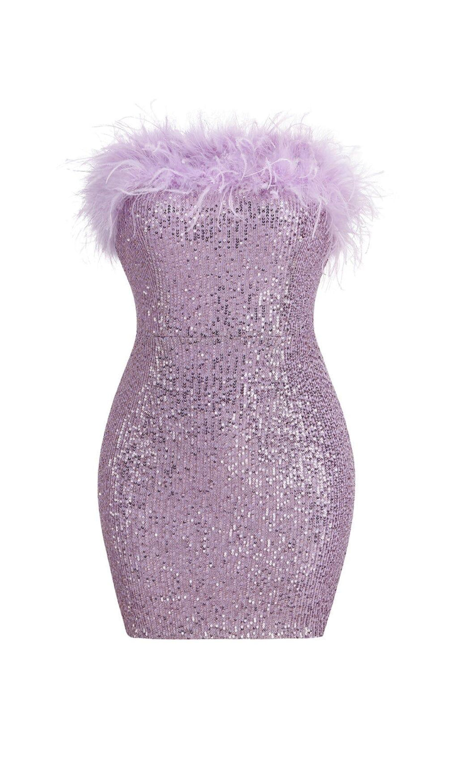 MINI ABITO SENZA SPALLINE CON PIUME E PAILLETTES VIOLA