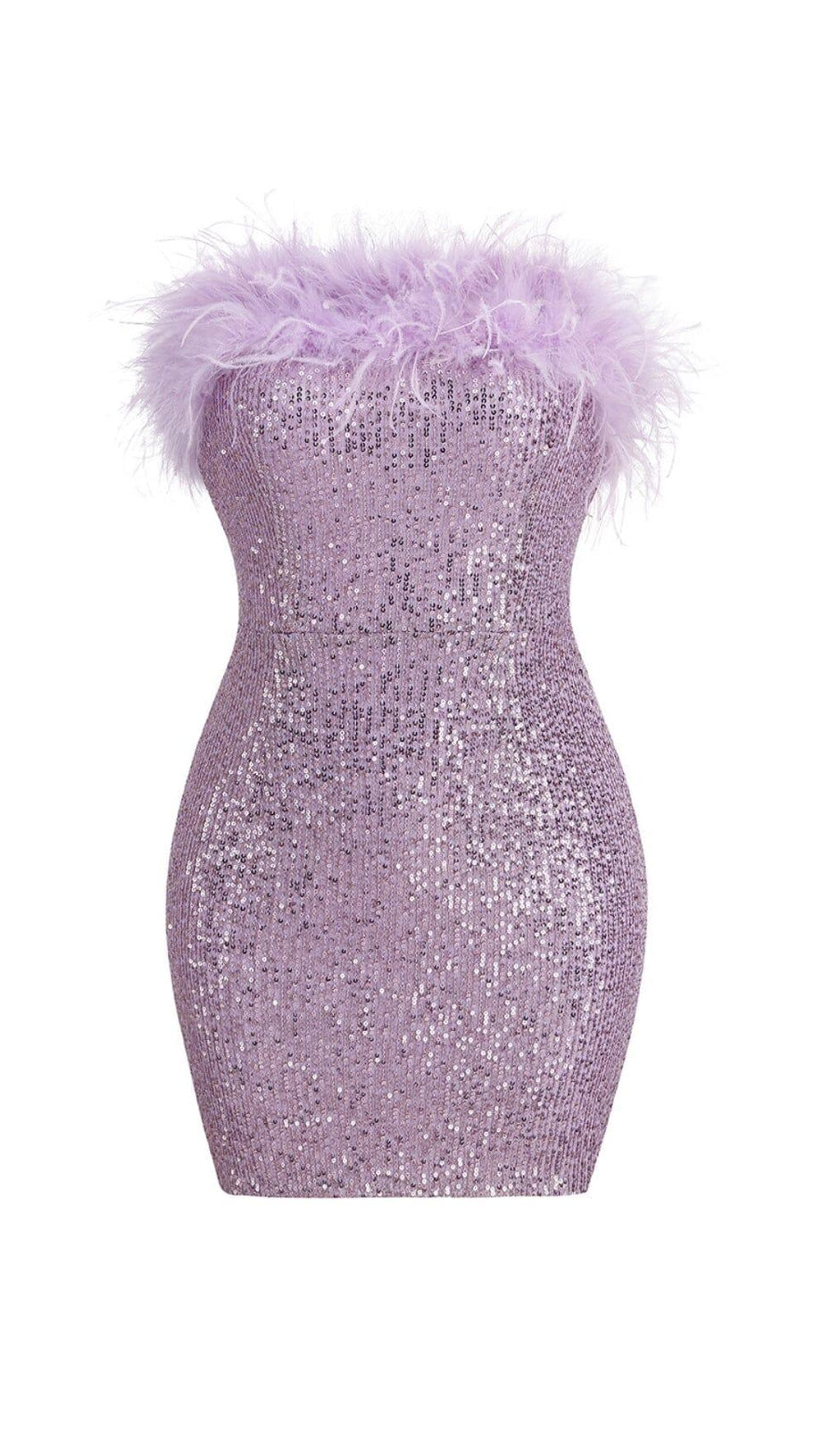 SEQUIN FEATHER STRAPLESS MINI DRESS IN PURPLE