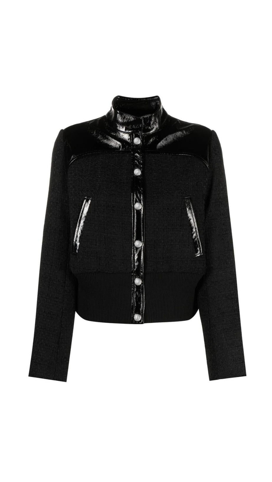 PATENT-TRIM TWEED BOMBER JACKET