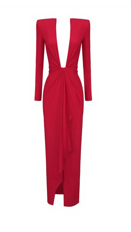 Nakano – Rotes, gerüschtes Kleid mit V-Ausschnitt