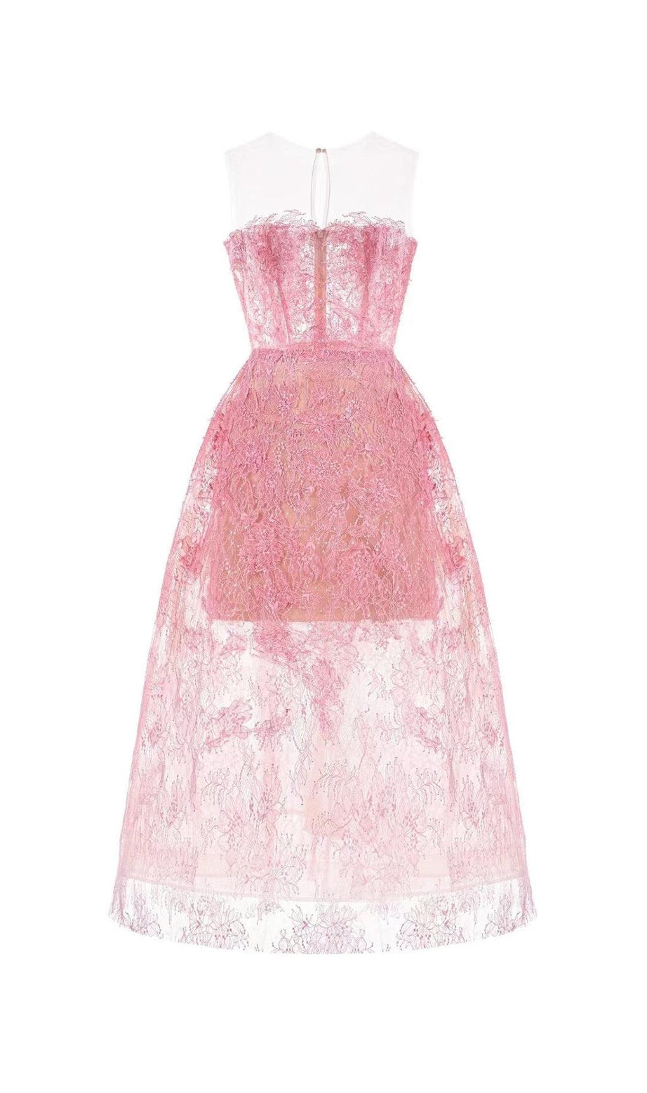 PINK FLORAL LACE EMBROIDER MIDI DRESS