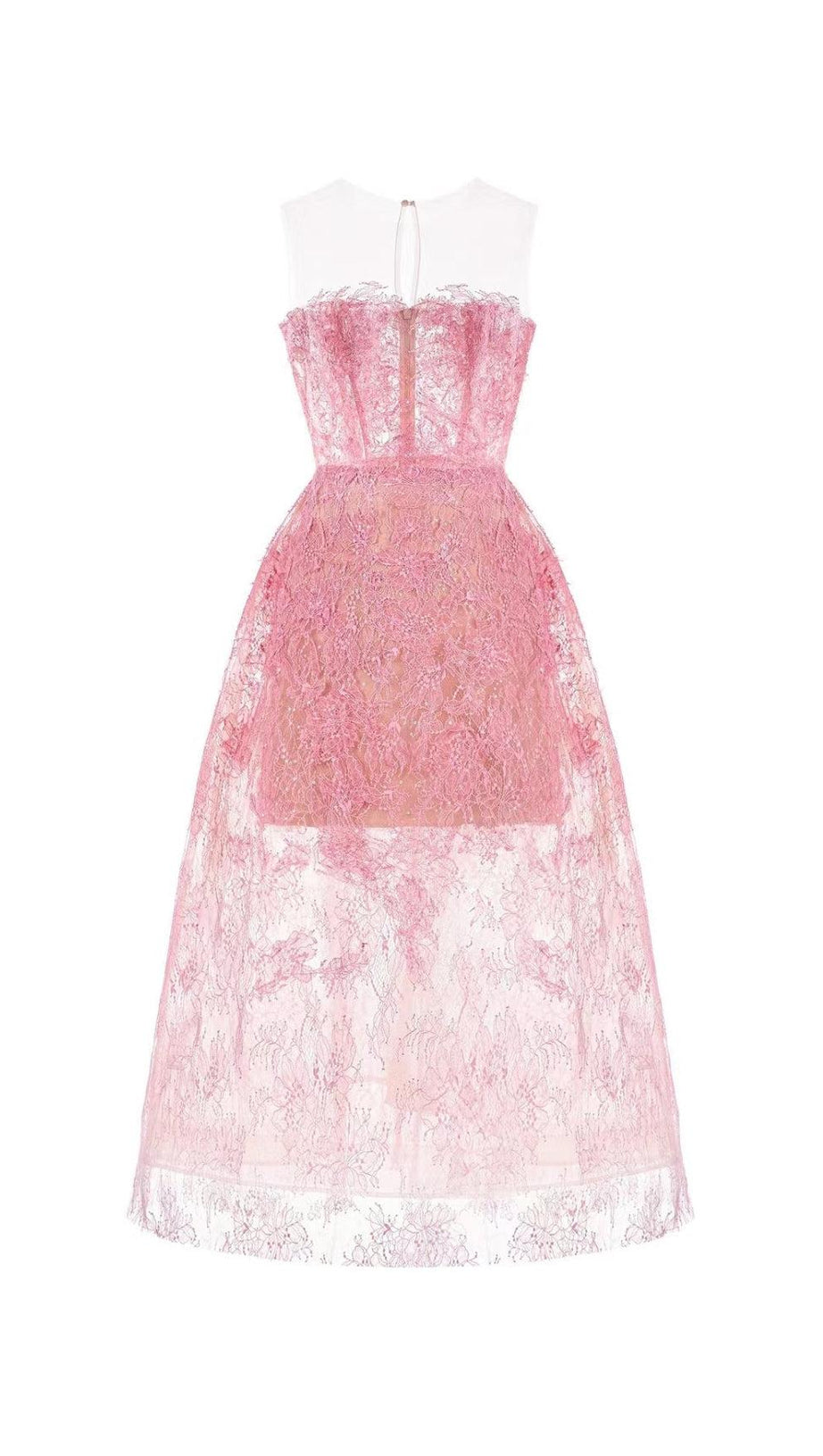 PINK FLORAL LACE EMBROIDER MIDI DRESS