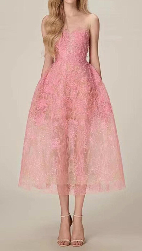 AIIZIE PINK FLORAL LACE EMBROIDER MIDI DRESS - product image