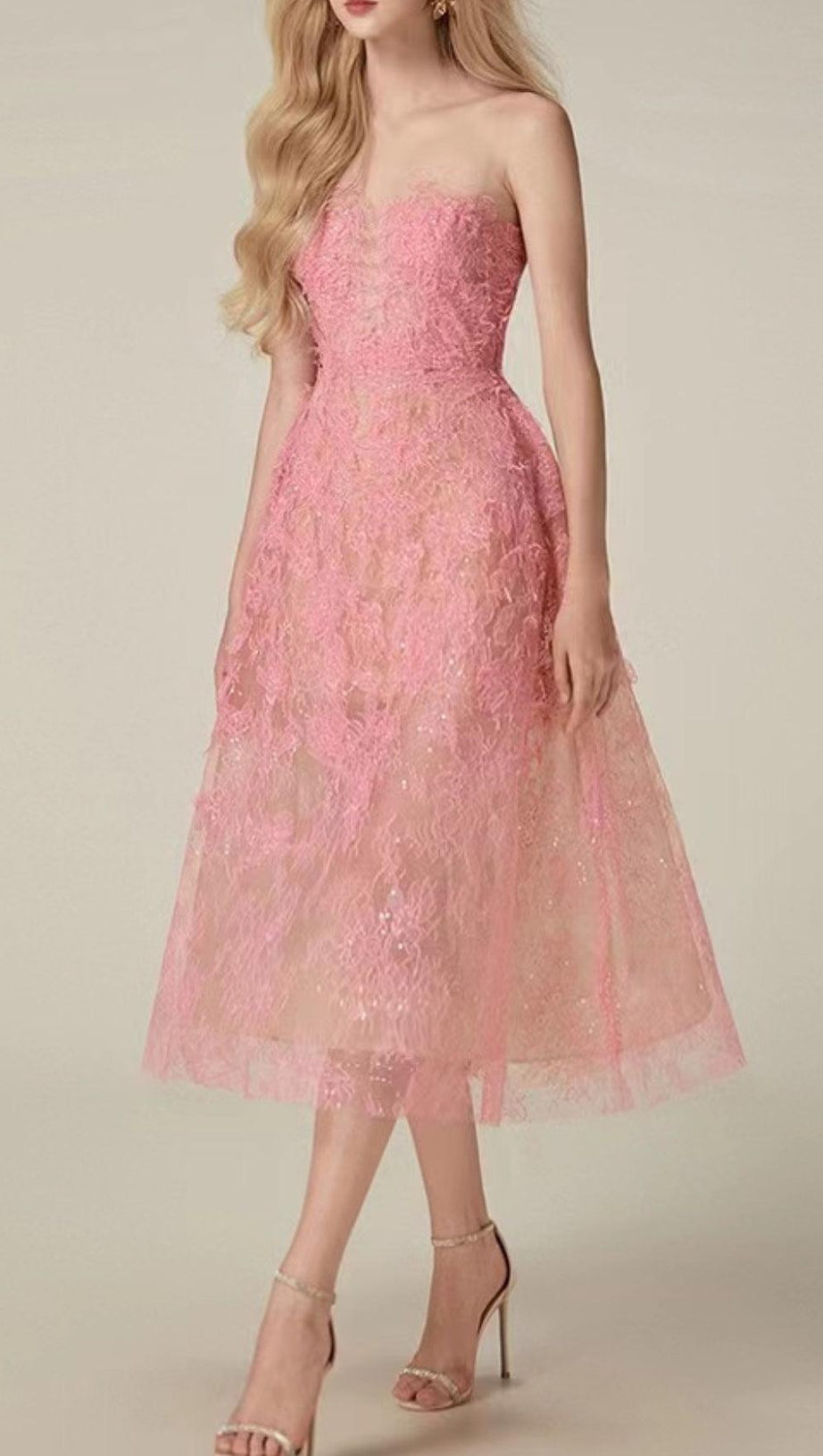 PINK FLORAL LACE EMBROIDER MIDI DRESS