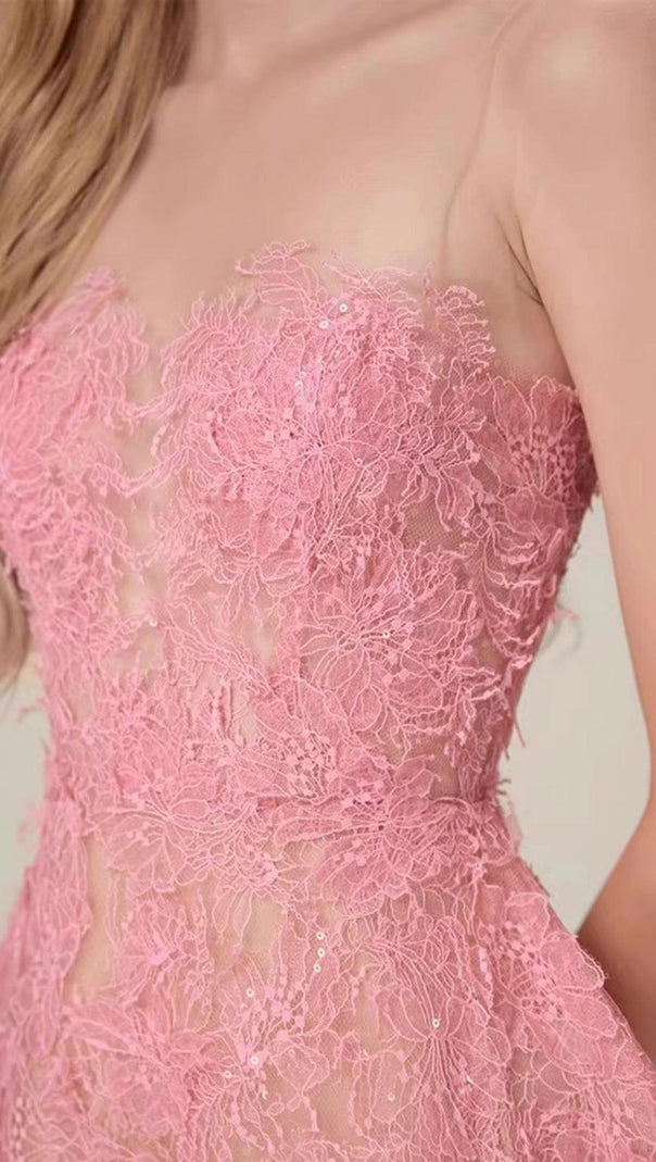 AIIZIE PINK FLORAL LACE EMBROIDER MIDI DRESS - product image
