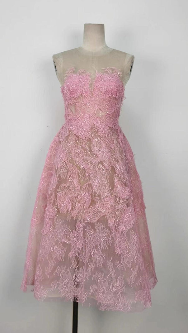 AIIZIE PINK FLORAL LACE EMBROIDER MIDI DRESS - product image