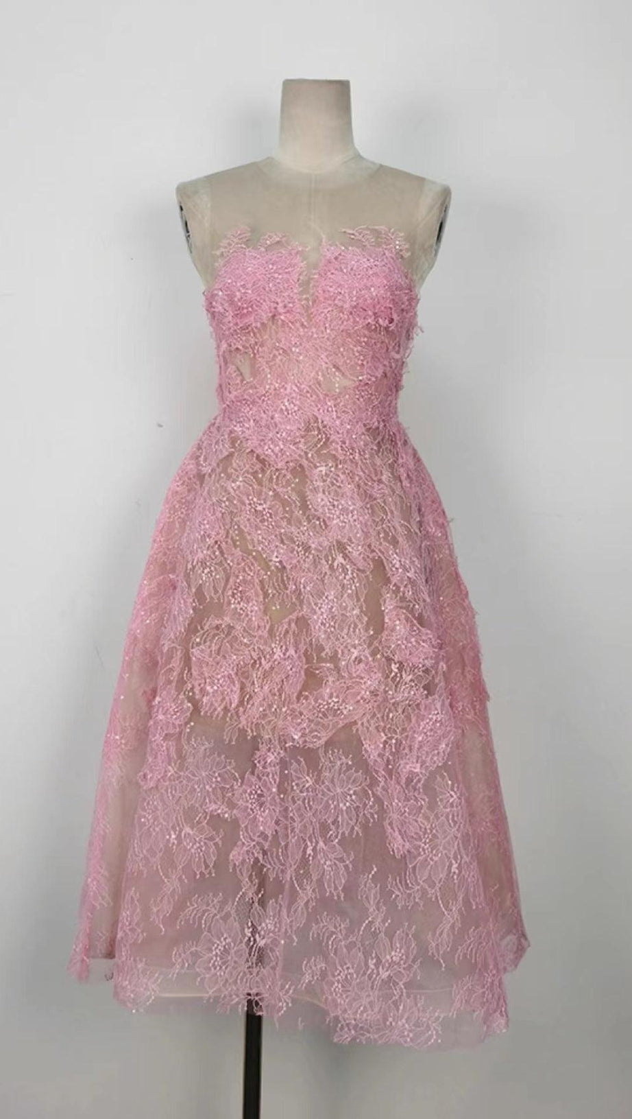 PINK FLORAL LACE EMBROIDER MIDI DRESS