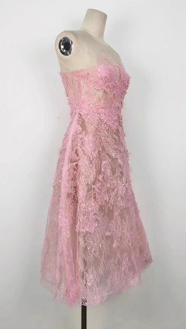 AIIZIE PINK FLORAL LACE EMBROIDER MIDI DRESS - product image