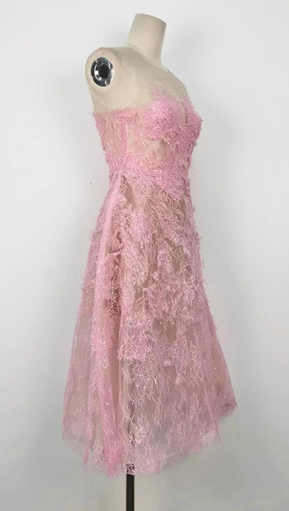 PINK FLORAL LACE EMBROIDER MIDI DRESS