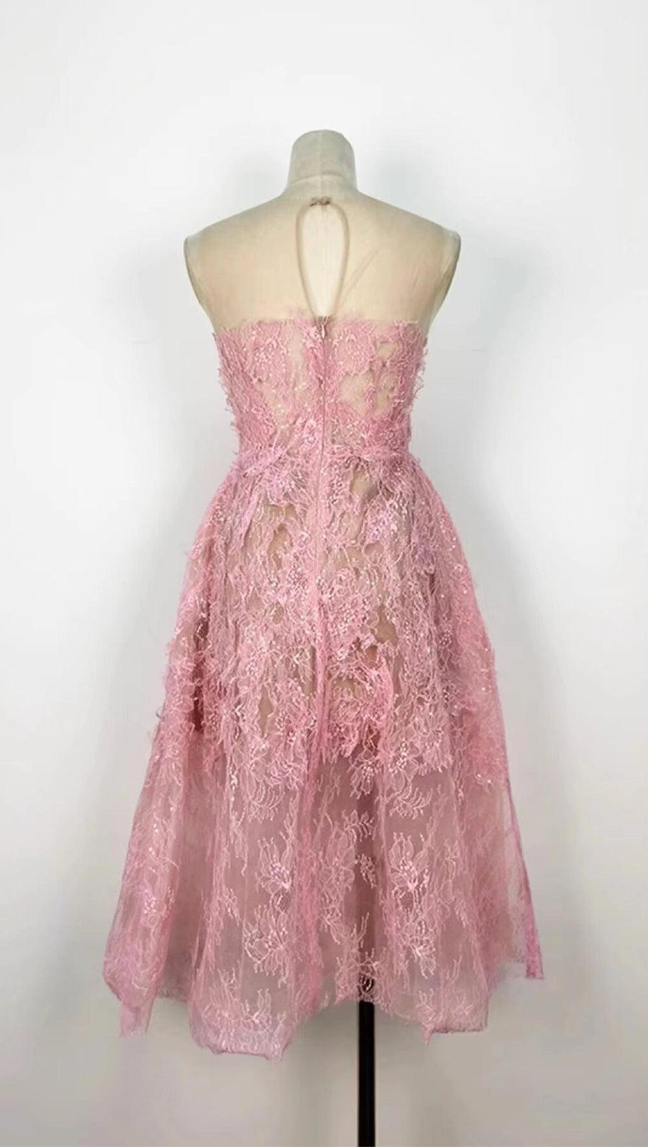 PINK FLORAL LACE EMBROIDER MIDI DRESS