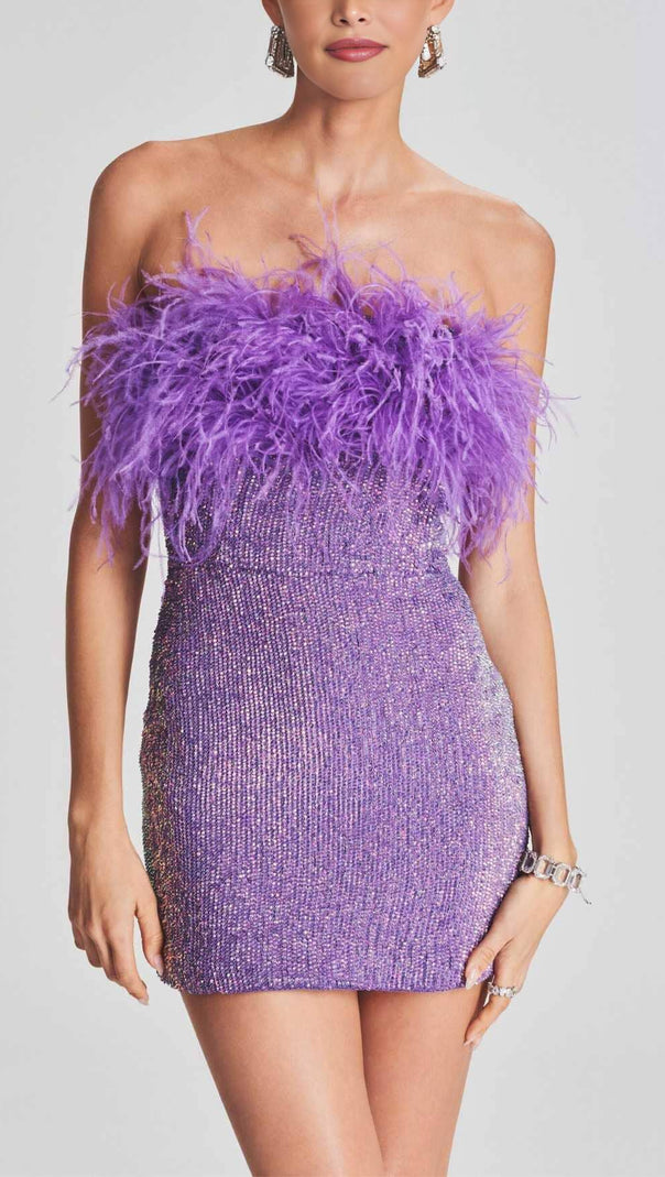 AIIZIE SEQUIN FEATHER STRAPLESS MINI DRESS IN PURPLE - product image