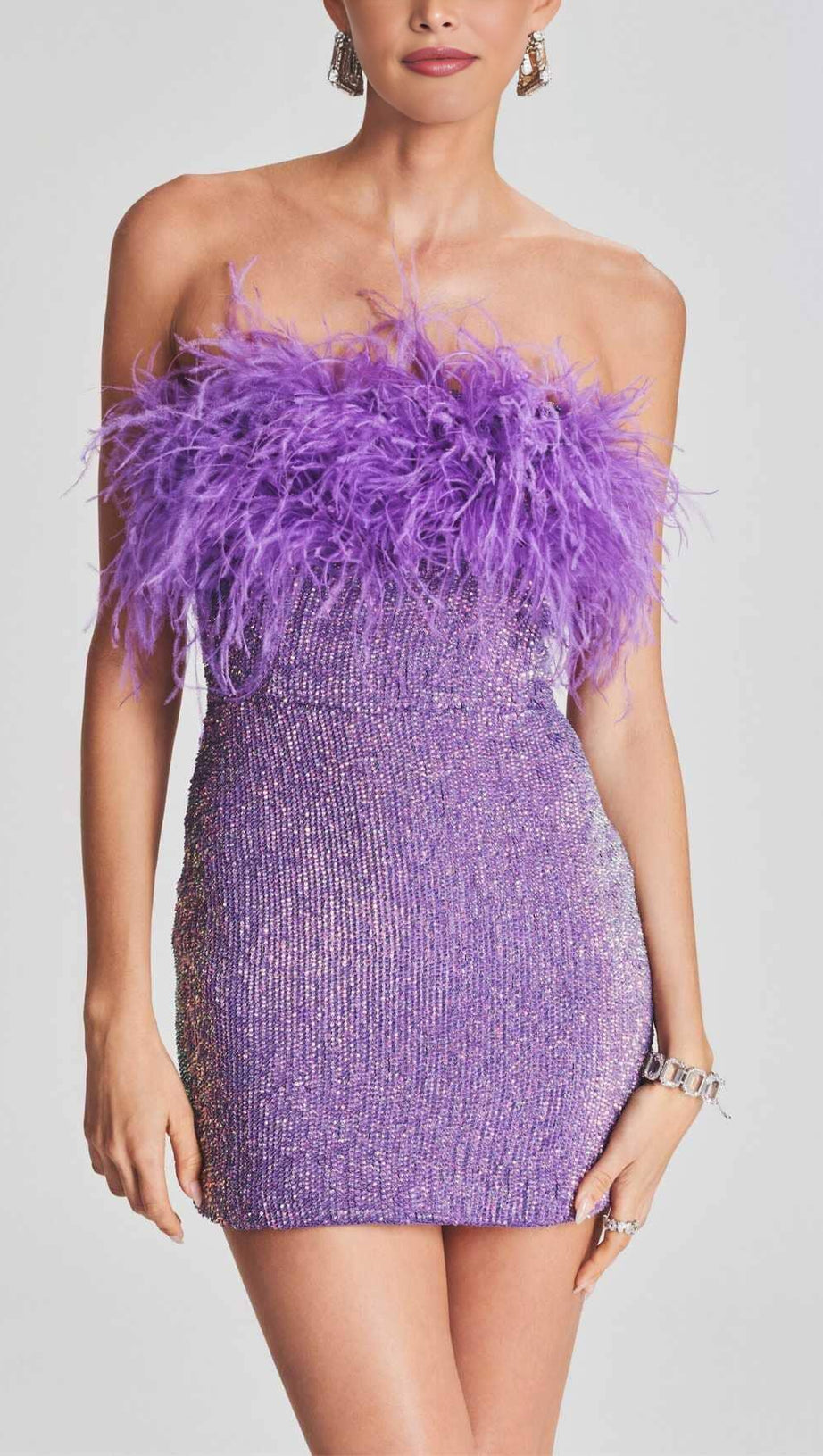 MINI ABITO SENZA SPALLINE CON PIUME E PAILLETTES VIOLA