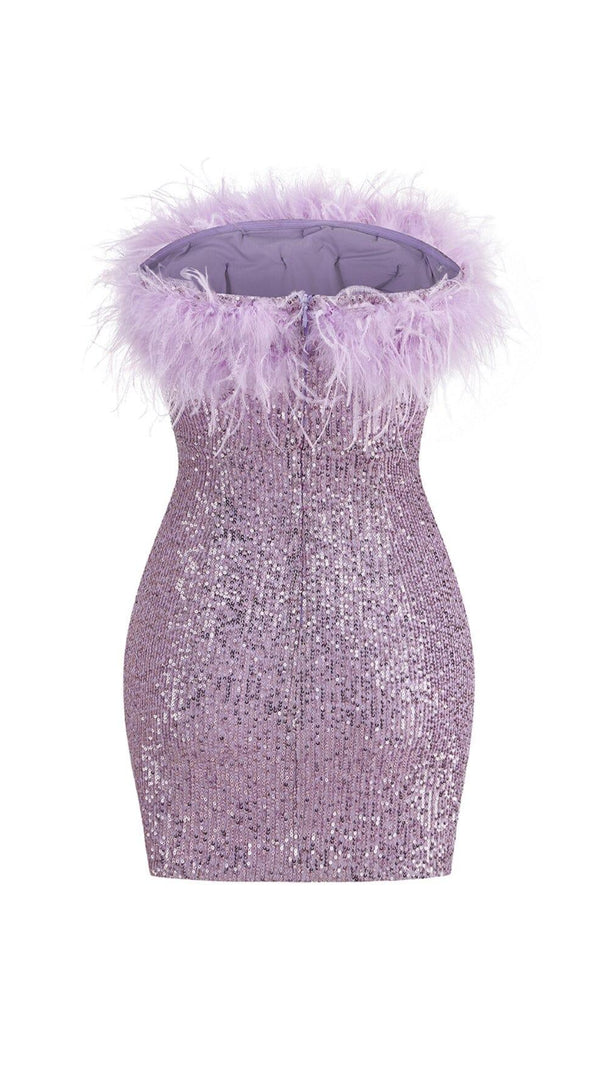 AIIZIE SEQUIN FEATHER STRAPLESS MINI DRESS IN PURPLE - product image