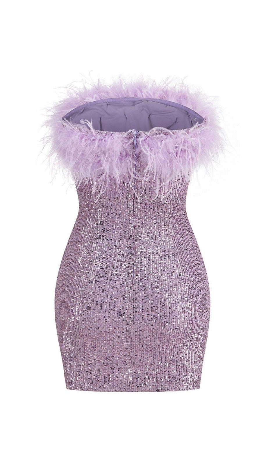 MINI ABITO SENZA SPALLINE CON PIUME E PAILLETTES VIOLA