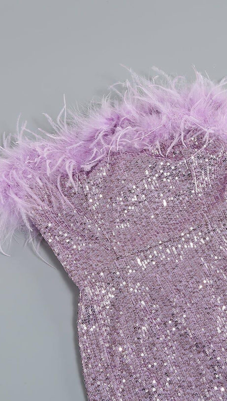 MINI ABITO SENZA SPALLINE CON PIUME E PAILLETTES VIOLA