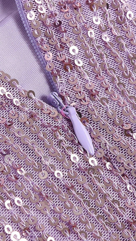 MINI ABITO SENZA SPALLINE CON PIUME E PAILLETTES VIOLA