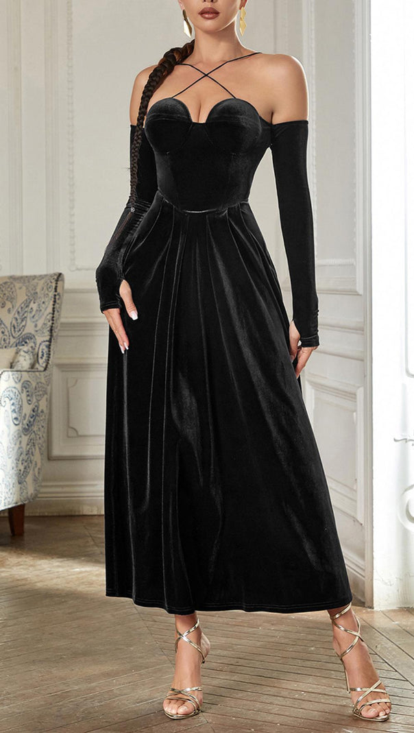 AIIZIE PLEATED VELVET GOWN GLOVES SUIT - product image