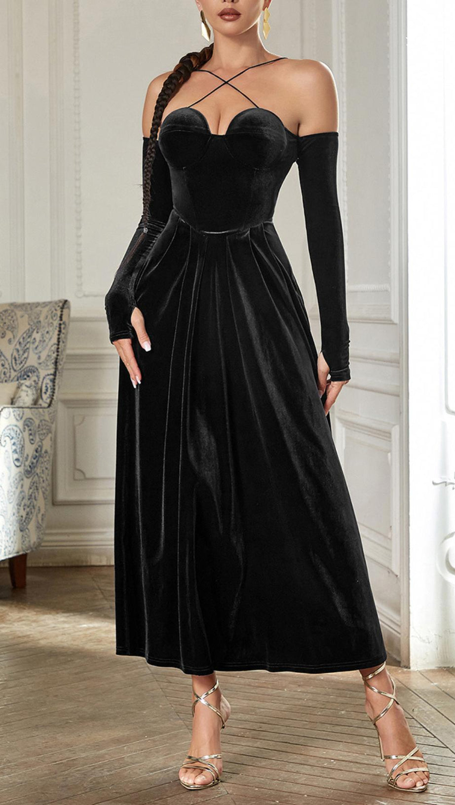 PLEATED VELVET GOWN GLOVES SUIT