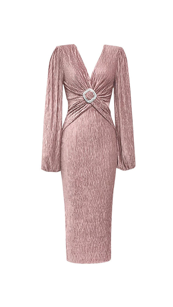 AIIZIE PUFF LONG SLEEVE VELVET MIDI DRESS IN PINK - product image