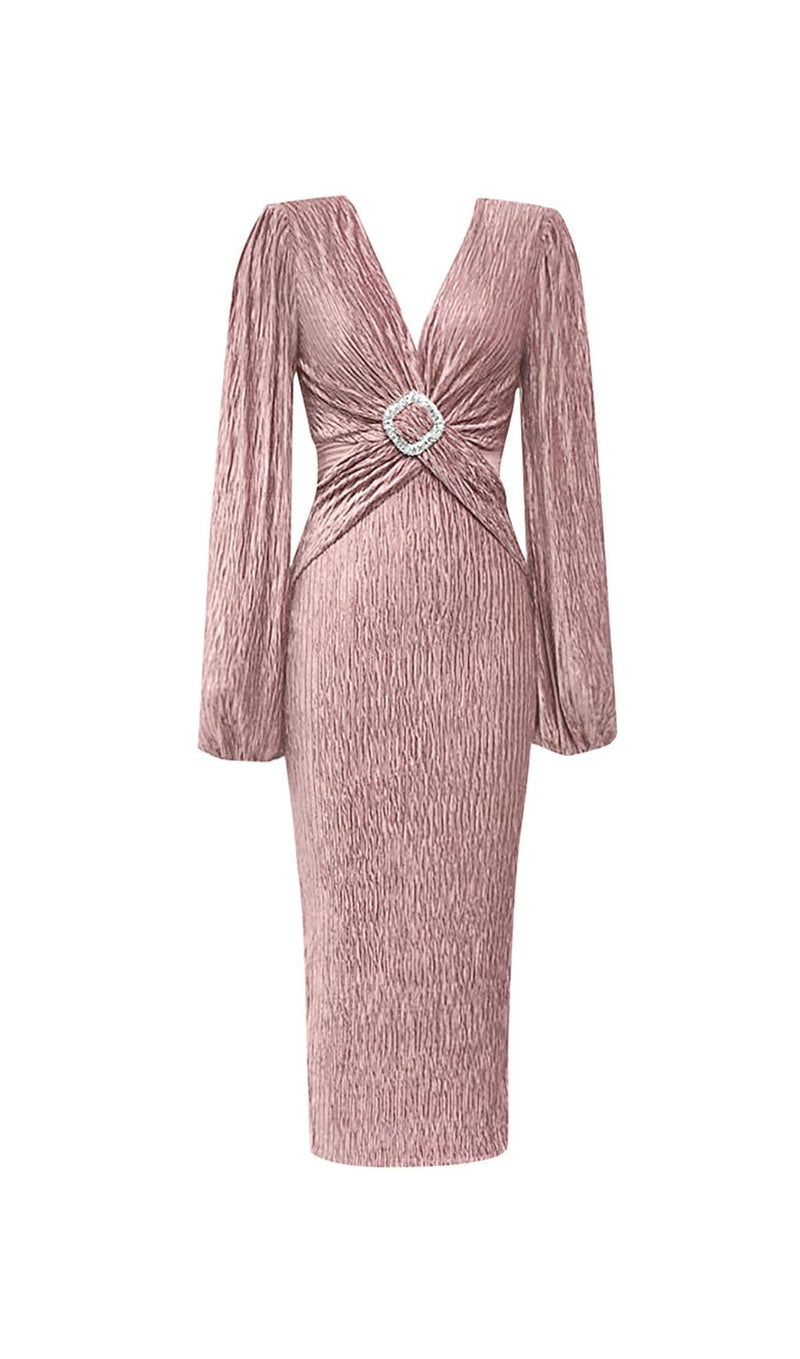 PUFF LONG SLEEVE VELVET MIDI DRESS IN PINK