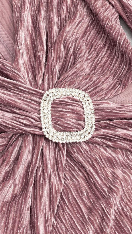 PUFF LONG SLEEVE VELVET MIDI DRESS IN PINK