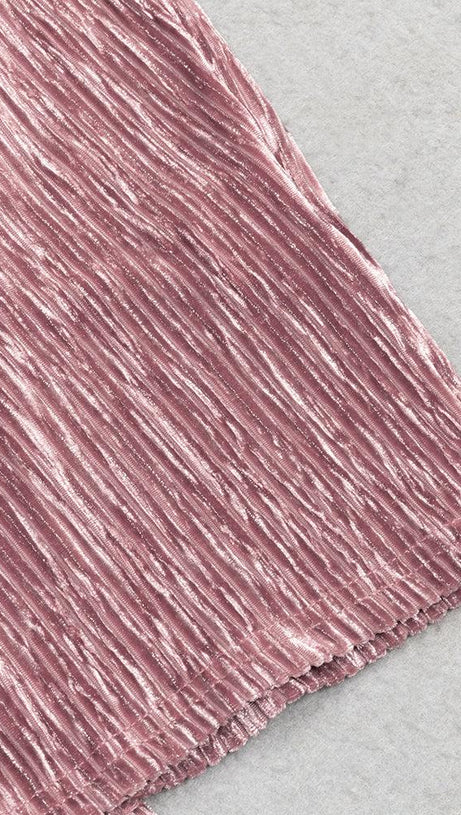 PUFF LONG SLEEVE VELVET MIDI DRESS IN PINK