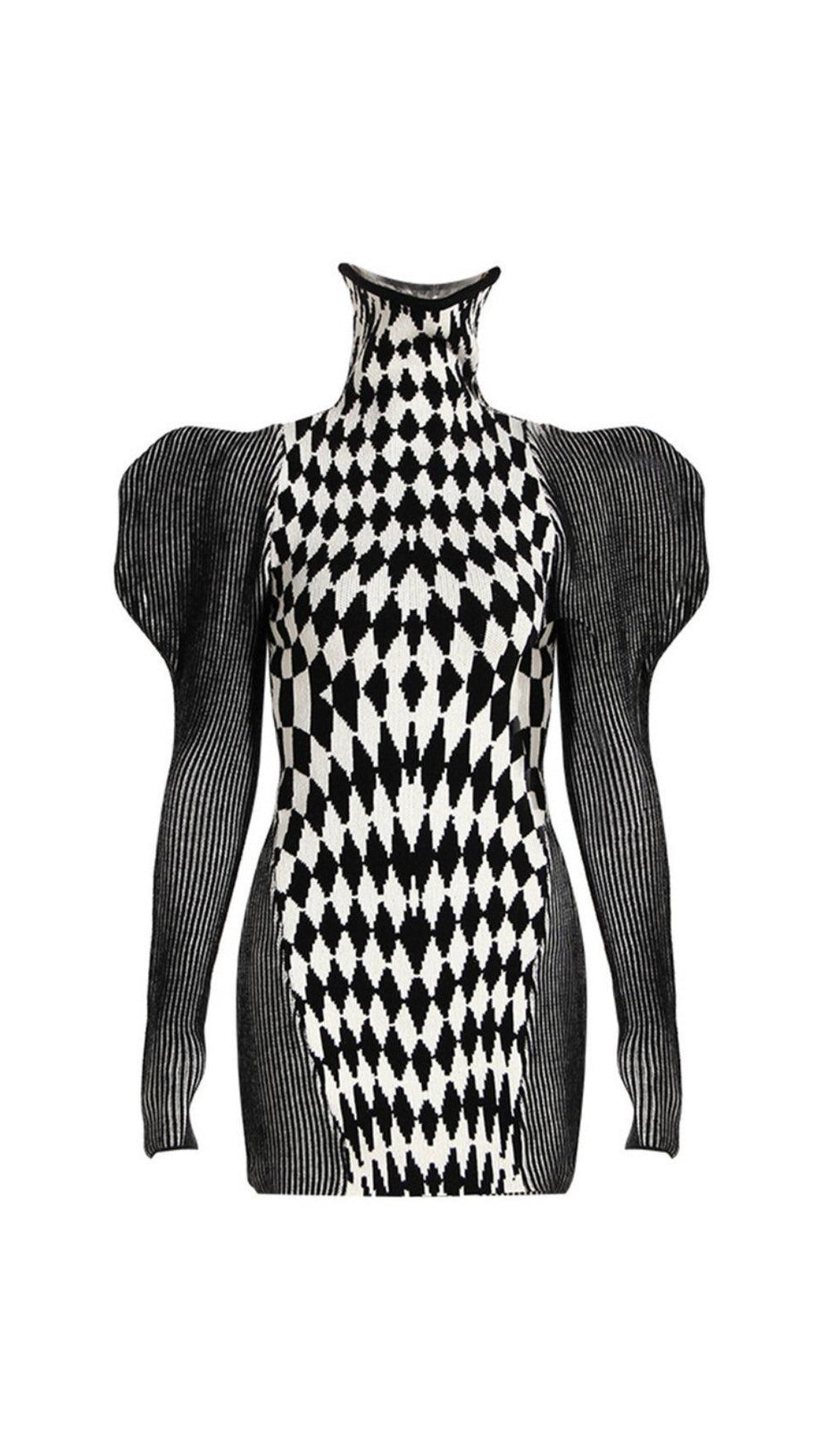 PUFF SLEEVE GEOMETRIC KNIT DRESS