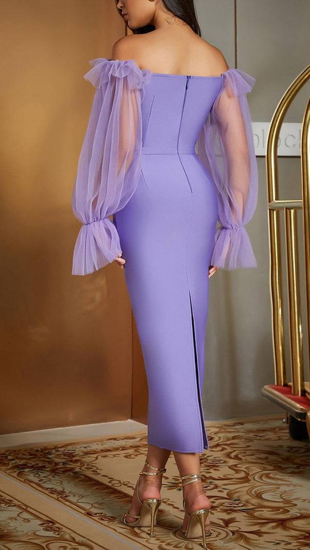 AIIZIE PURPLE MESH LONG SLEEVE MIDI DRESS - product image